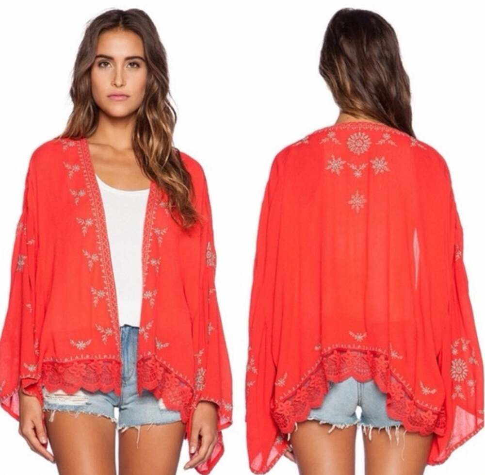 Free People Boho Embroidered Kimono Jacket with Lace Hem Size L - Picture 3 of 13